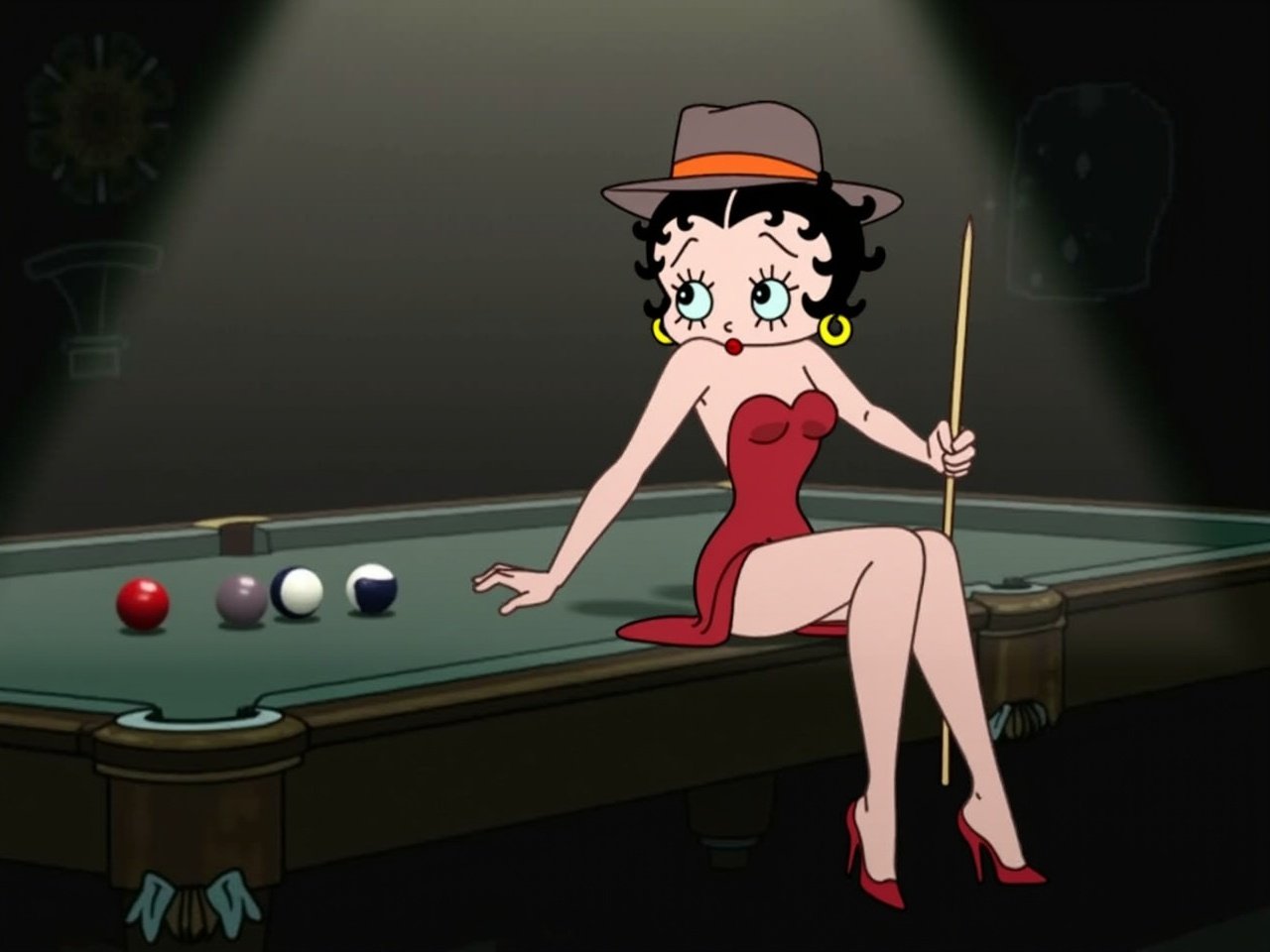 The image depicts Betty Boop, a classic cartoon character, sitting on the edge of a pool table. She wears a stylish fedora and a red dress, showcasing her vintage charm. Her knees are positioned upward, and she holds a cue stick in her hand. The lighting creates a dramatic effect, focusing on her figure while the rest of the room remains dark. This scene captures the essence of 1920s flapper culture and classic animation.