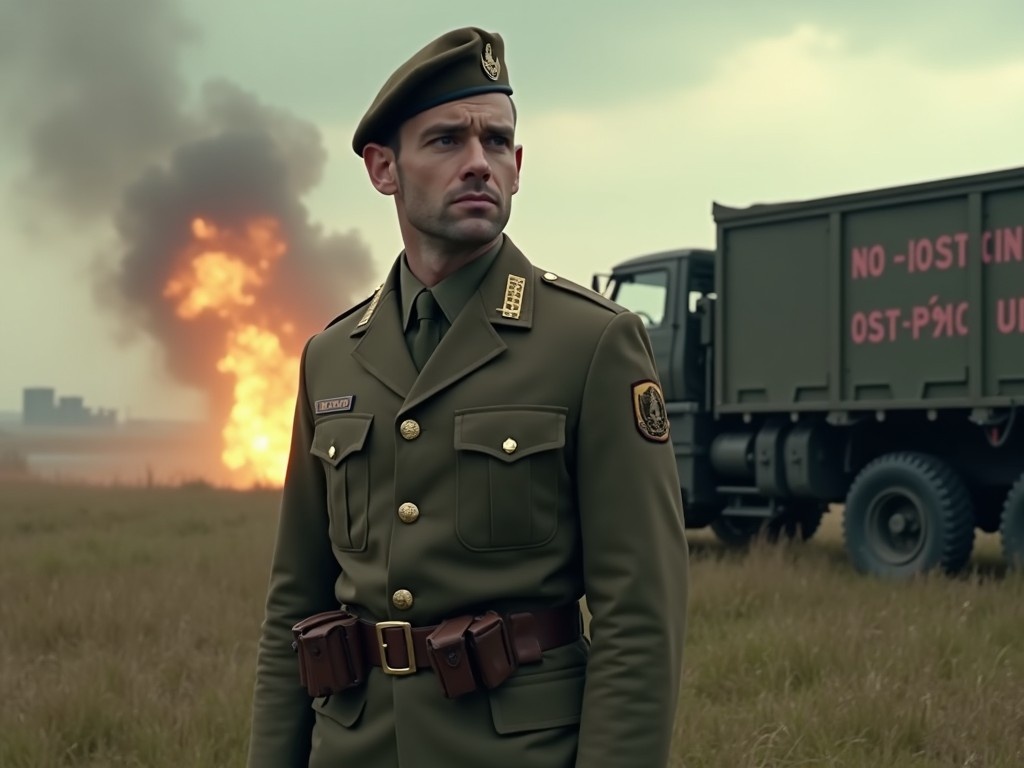 A man stands on grassy terrain, dressed in military attire complete with a beret. He gazes into the distance, exuding a sense of strength and determination. In the background, a large military vehicle is partially visible, with smoke and flames rising behind it. The atmosphere is tense and dramatic, evoking feelings of wartime urgency. The cloudy sky adds to the grim atmosphere, while the fiery light illuminates the scene hauntingly.