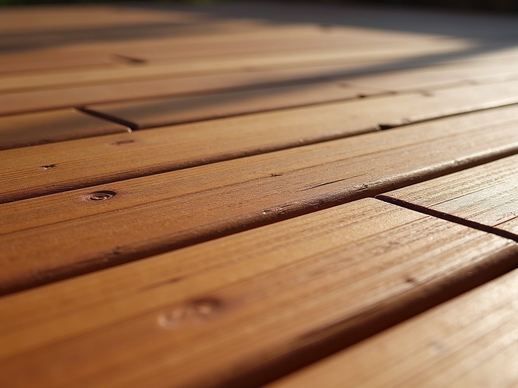 This image showcases a close-up view of a wooden surface, likely the planks of a deck or floor, under natural sunlight. The focus is on the rich texture and warm tones of the wood, emphasized by the gentle shadows cast by the sunlight.