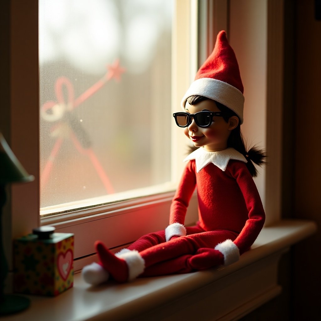 Elf on the shelf styled like Snoop Dogg sits on a windowsill. Doll has sunglasses and is dressed in red with white accents. Background shows a festive window with decorations.