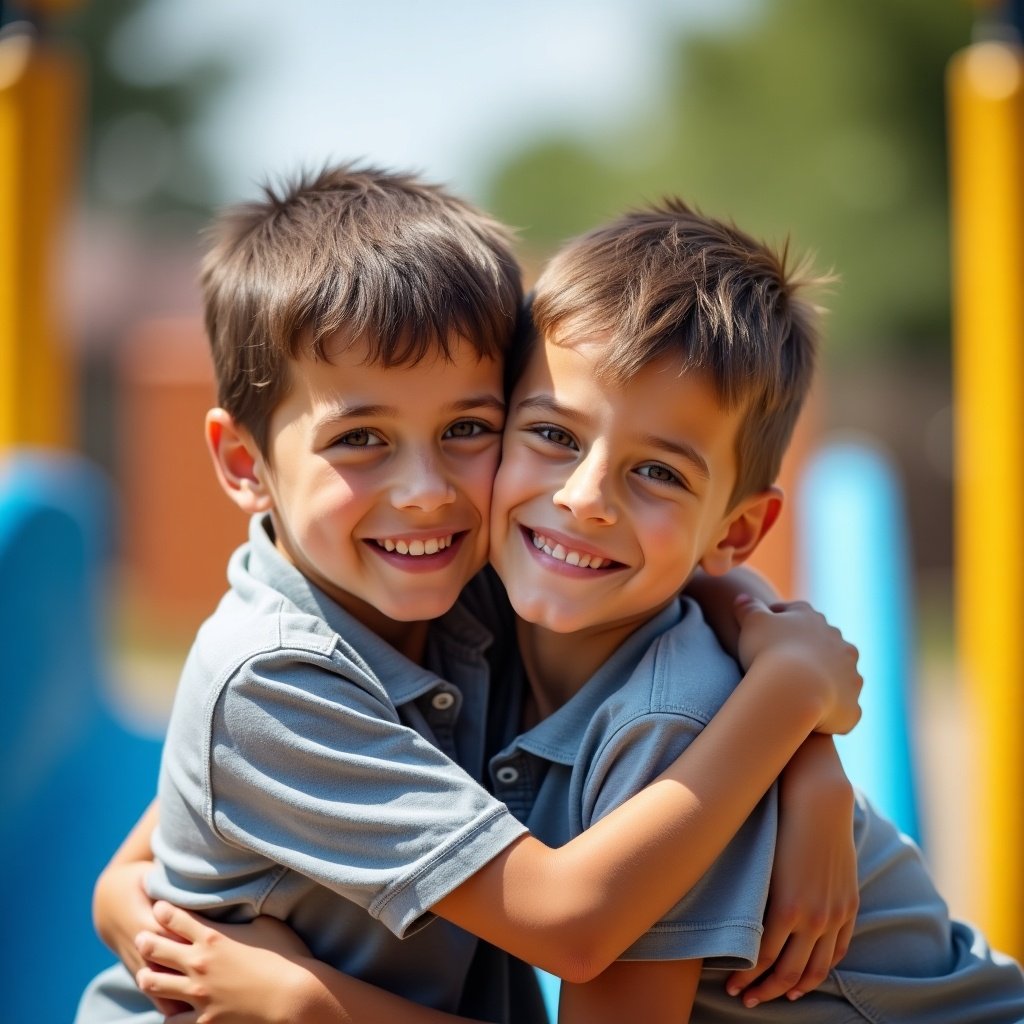 Two young boys hugging each other joyfully at a playground.