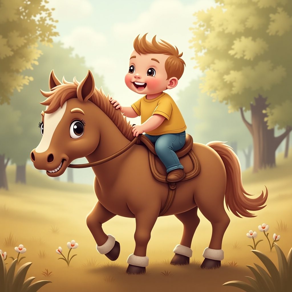 The image depicts a cheerful young boy riding a cute brown horse. The boy has a big smile on his face, showcasing his joy and excitement. The horse looks friendly and is trotting through a picturesque forest. Surrounding them are soft green trees and gentle flowers in the grass, creating a whimsical atmosphere. This illustration embodies a playful and adventurous spirit that appeals to young children.