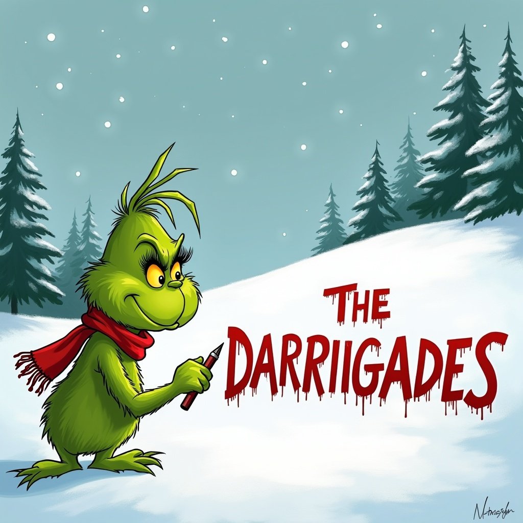 The Grinch is writing The Darrigades in the snow. Scene shows snow-covered hills and evergreen trees. The Grinch is green with a red scarf.