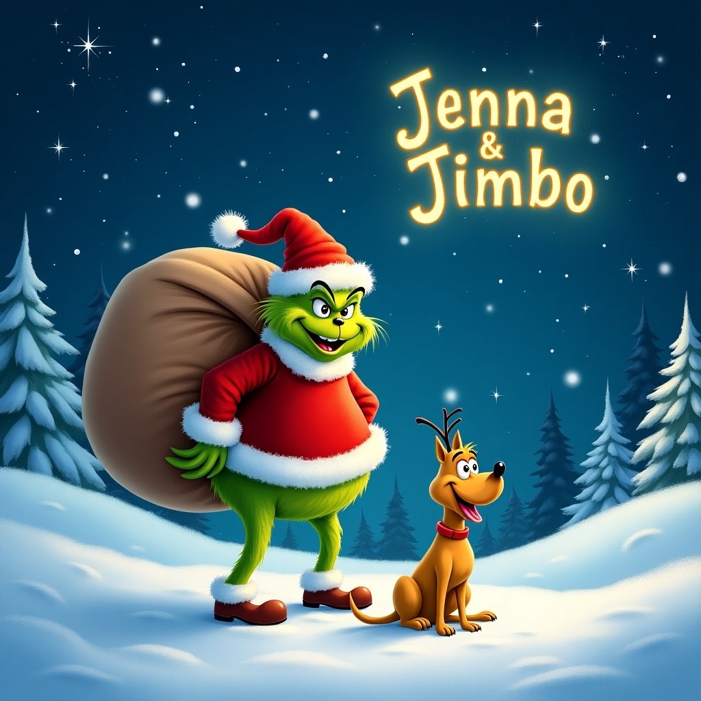 Charming snowy landscape with vibrant Grinch wearing Santa outfit. Grinch carries a large sack. Joyful dog named Max beside him. Night sky with twinkling stars. The word 'Jenna & Jimbo' glowing above.