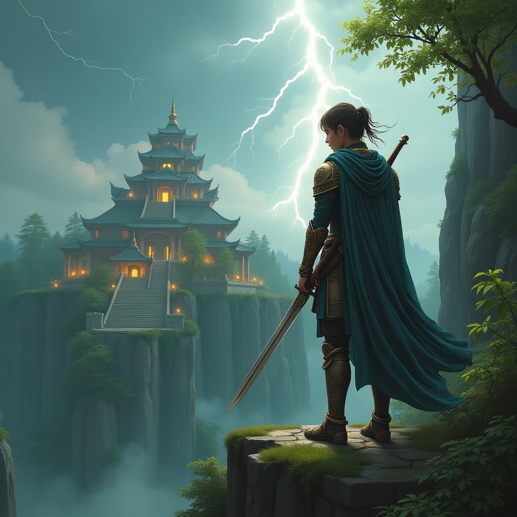 A young warrior stands on a cliff, clad in ornate armor with a long veil. He holds a sword, gazing towards a majestic temple in the distance. The surroundings are filled with lush greenery and feature classical architecture. Above him, a lightning strike illuminates the sky, adding a dramatic effect. The scene conveys a sense of adventure and mystery, set in a vibrant fantasy world. This image captures the essence of ancient kingdoms and epic quests beautifully.