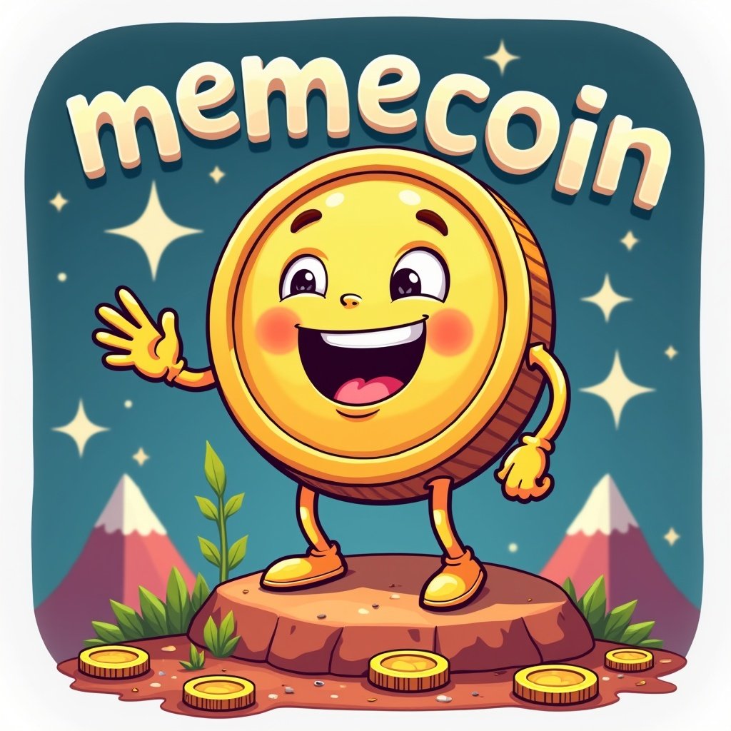 Cartoon character symbolizing a memecoin. Gold coin with a joyful expression. Character stands on a vibrant mound surrounded by scattered coins. Background includes stylized mountains and twinkling stars. Playful font displays the word 'memecoin' above.