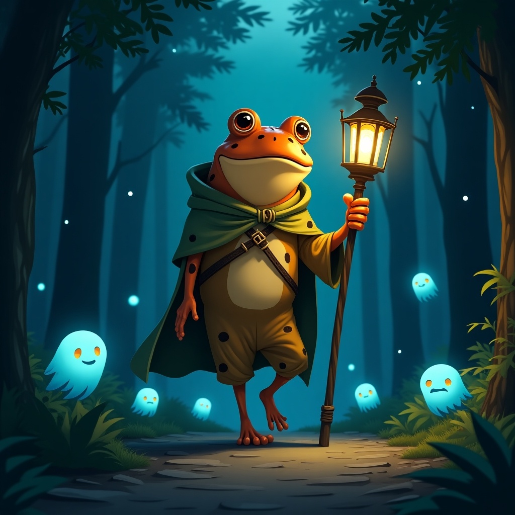 This image depicts a whimsical frog man in an anime style. The frog is short and orange with black spots, wearing a cloak and holding a staff with a glowing lantern. He walks down a path in a dark, mystical forest. Glowing spirits of various shapes and sizes float around him, creating an enchanting atmosphere. The lighting is soft, with blue hues emanating from both the lantern and the spirits, illuminating the scene and adding to the magical ambiance.