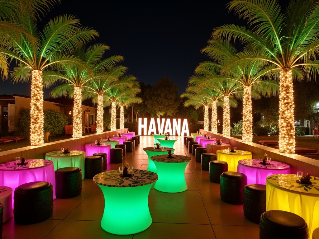 The image depicts a vibrant outdoor setting designed for a themed event. In the foreground, there are cocktail tables draped in green linens, adorned with leaf-printed tablecloths and accentuated by light-up features. Surrounding the space are 10ft artificial palm trees outfitted with dazzling lights, creating an enchanting atmosphere. Giant letters spelling 'HAVANA' light up the backdrop, while additional colors of yellow and fuchsia linens provide a playful touch. Whiskey barrels and black leather furniture complete the look, alongside larger-than-life cigar props that emphasize the setting's unique character.