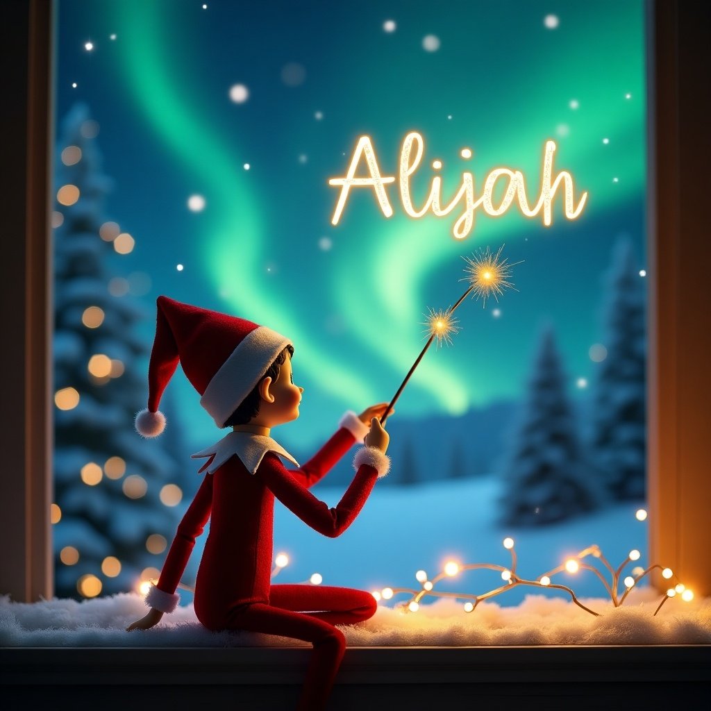 Festive scene in a cozy room. An elf with a red hat. Elf faces the sky holding a wand. Northern lights glow in the background. Soft snow covers the trees. Elf writes the name 'Alijah' in the air. Magical Christmas vibes throughout the image.