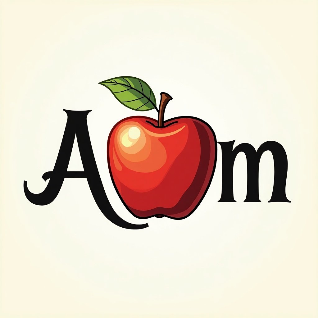 This design features the name 'Adam' creatively illustrated with a stylized apple integrated into the letter 'A'. The apple is vivid red and has a green leaf, symbolizing freshness and creativity. The letters 'd' and 'm' are in bold black font, contrasting well with the apple. This artistic approach combines text and imagery seamlessly. This design could be perfect for a custom t-shirt, appealing for casual wear or as a unique gift.