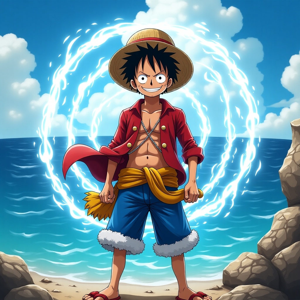 A captivating image of Monkey D. Luffy, the protagonist of the popular manga and anime series, 'One Piece'. Luffy stands confidently on a rocky shoreline, his iconic straw hat tilted at a rakish angle and his striped shirt billowing in the breeze. In the background, the sea sparkles under a bright, sunny sky. A mysterious swirling energy surrounds Luffy, symbolizing his incredible strength and determination.