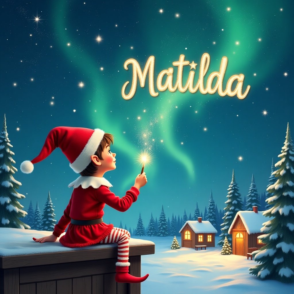 An elf sits on a wooden ledge with its back to the camera, gazing at a magical sky. Dressed in a red outfit with a pointed hat, the elf holds a sparkling wand. With the wand, the elf writes the name 'Matilda' in the starry sky. The scene is painted with a snowy landscape, charming little houses, and evergreen trees under shimmering Northern Lights. This whimsical depiction captures the essence of childhood magic and Christmas cheer. The elf elegantly adds the names 'Jordan,' 'Journey,' and 'Jersey' to the same starry sky, enriching the magical atmosphere.