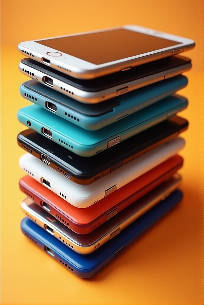 A colorful stack of smartphones on an orange background, showcasing different vibrant casing colors.