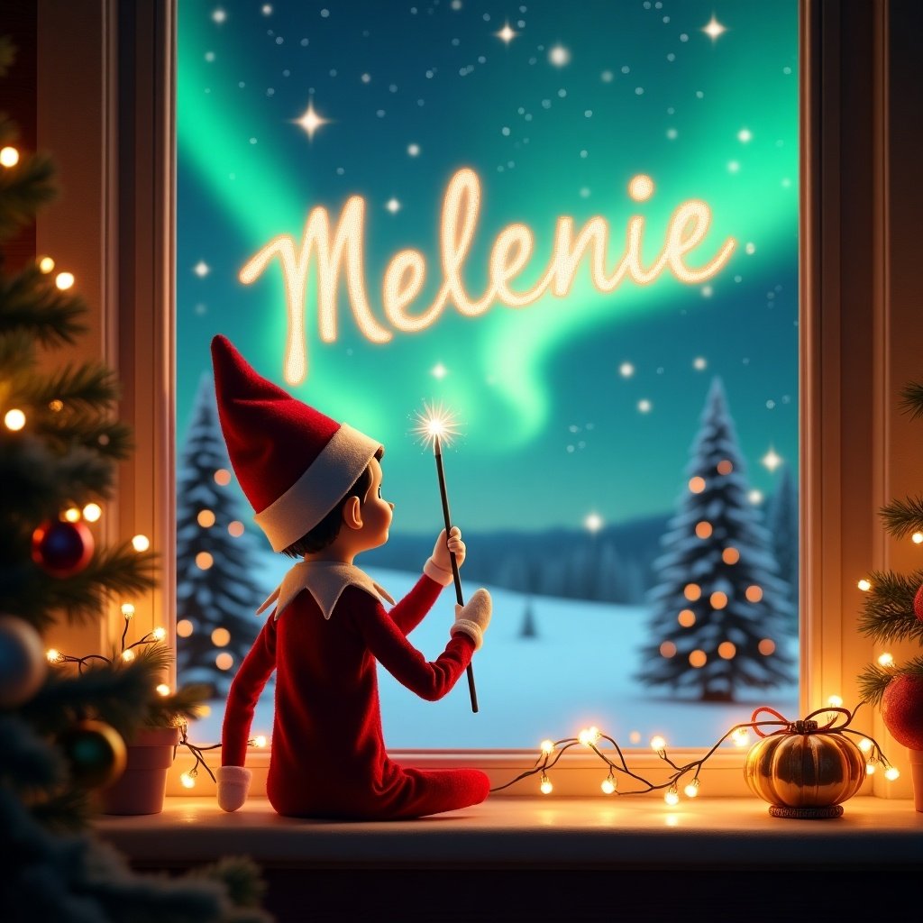 This image depicts an enchanting Christmas scene with an elf on the shelf, sitting by a cozy window. The elf, donned in festive red and white attire, holds a magic wand. It writes the name 'Melanie' in glowing letters across a starry sky. Outside the window, vibrant northern lights illuminate a snowy landscape. Decorated Christmas trees add to the festive backdrop. The warm glow from the elf's surroundings creates an inviting atmosphere, perfect for a whimsical holiday celebration.