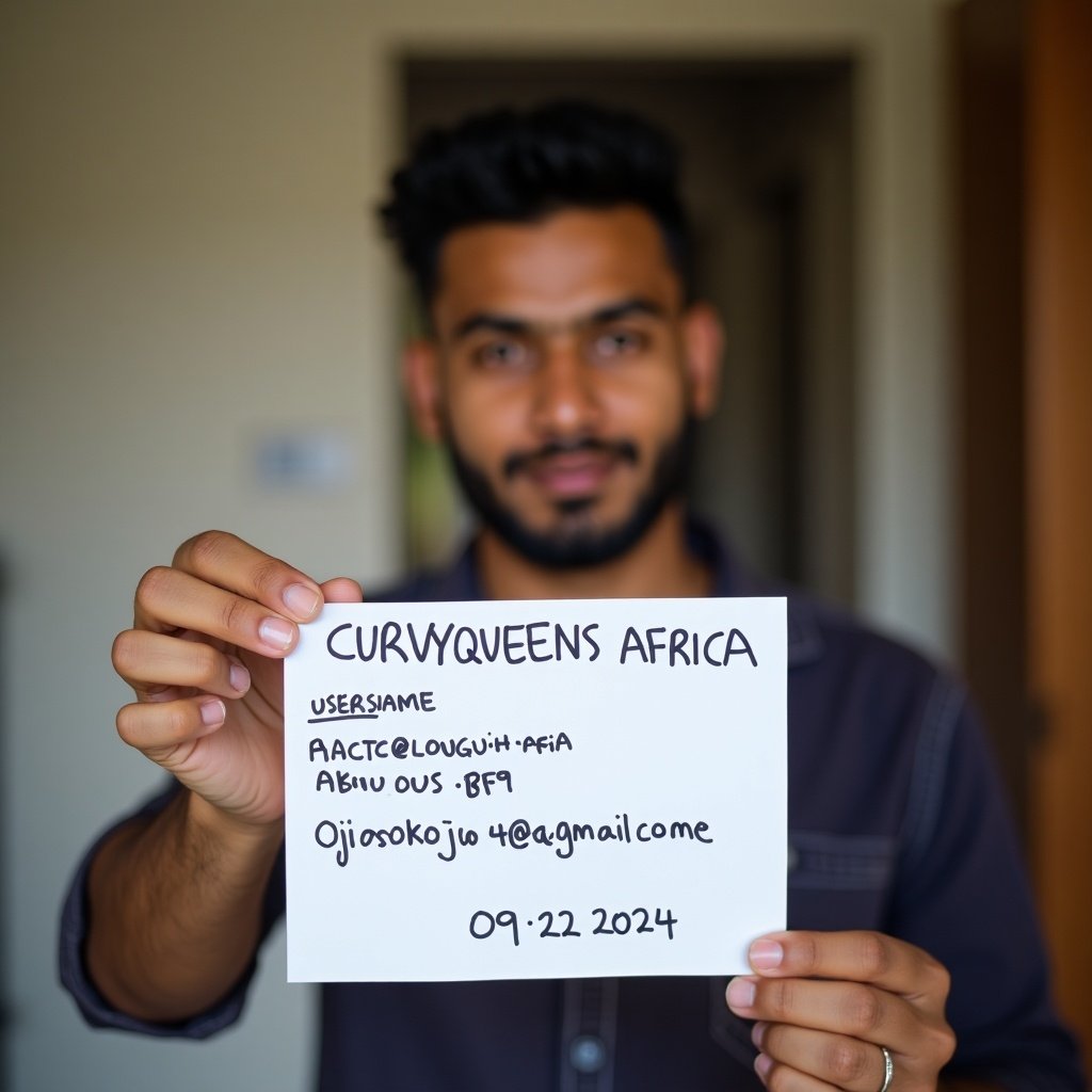 An Indian male is holding a handwritten note. The note contains the username 'CURVYQUEENS AFRICA', an email address, and a recent date. The individual is clearly visible from the front, displaying his arm and hand. Good indoor lighting is present.