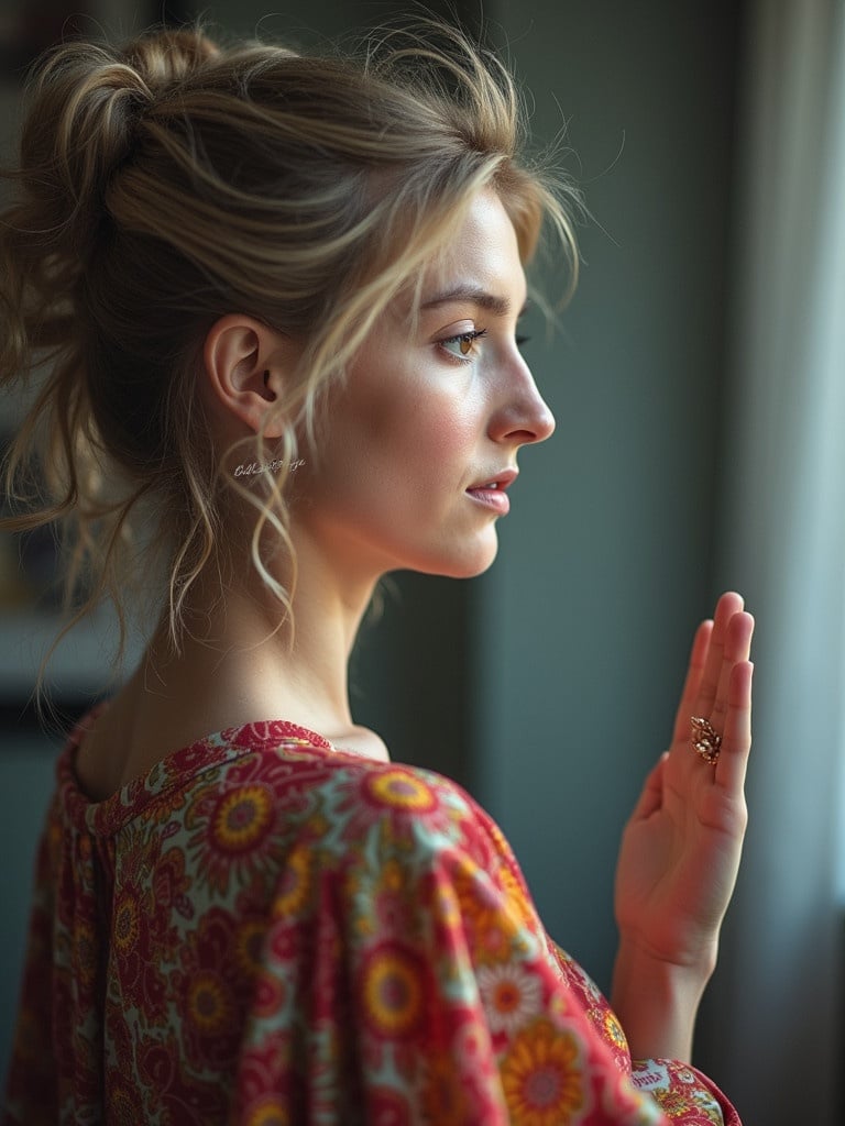 A woman stands by the window with a serene expression. She wears a colorful floral dress and raises one hand in a gentle gesture. The background is softly lit by natural light, creating a tranquil atmosphere.