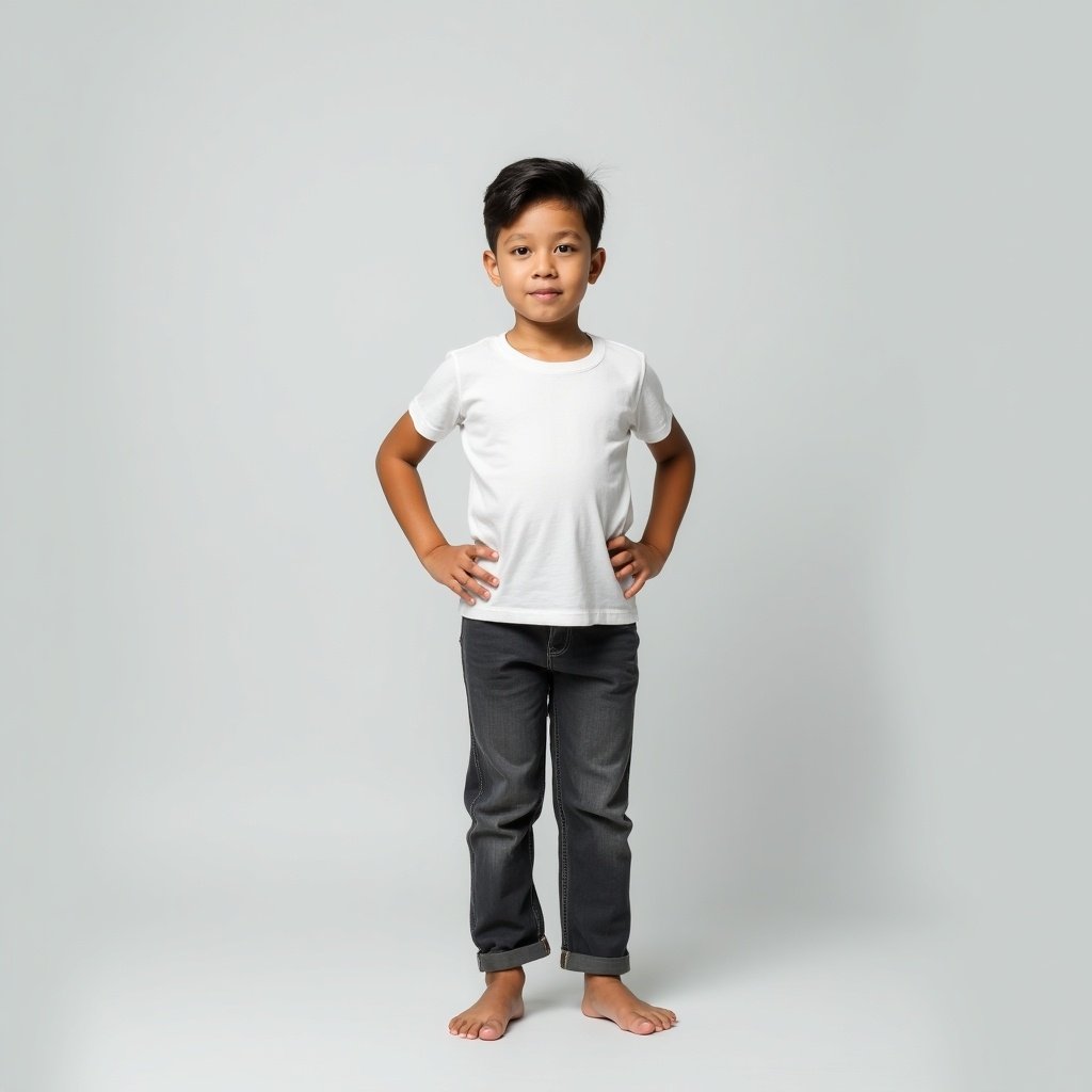 Image shows young boy standing in light gray background. He wears white underwear. He is barefoot. Soft lighting creates calm vibe. Minimalistic style highlights child confidently. Pose shows dominance.