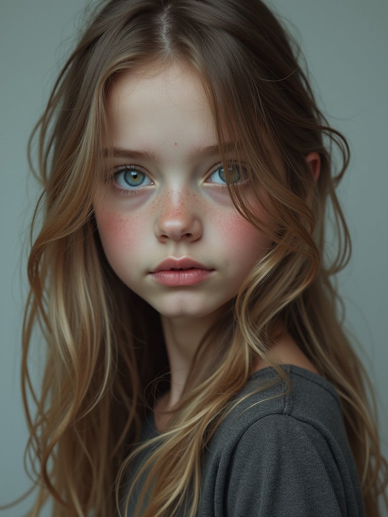 Image depicts a young girl with long, flowing hair. She has blue-greyish eyes and sharp cheekbones. The background is soft and muted. The hairstyle is natural and elegant.