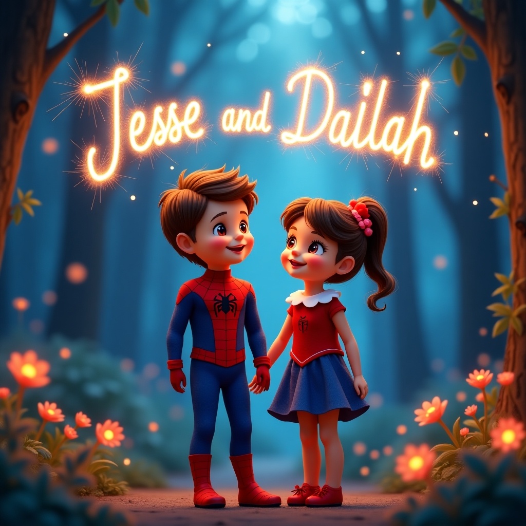 Cheerful little boy and girl in a magical woodland scene. Boy in Spiderman costume and girl in festive dress. Enchanting blue light from trees. Sparkling letters above say 'Jesse and Dalilah'. Overall vibe is whimsical and festive.