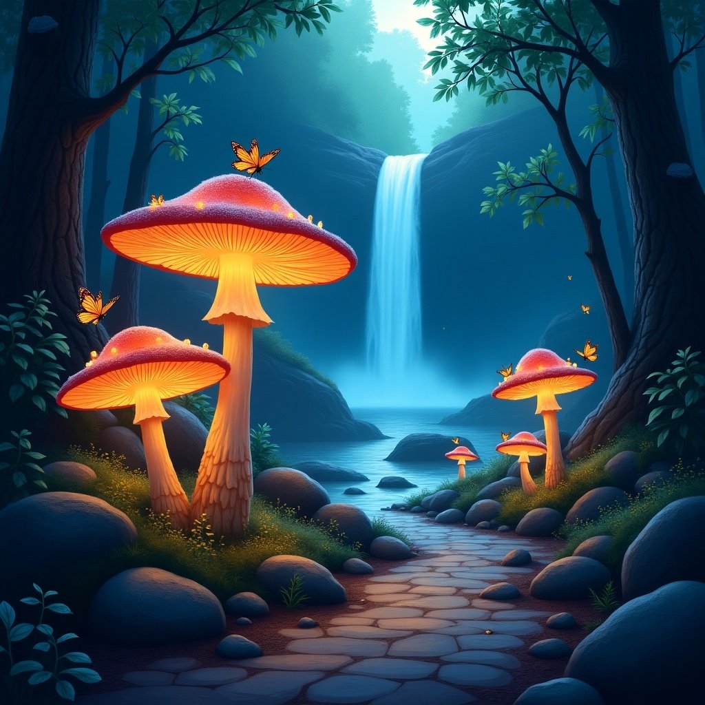 Fantasy illustration shows a forest path with glowing mushrooms. Butterflies flutter around. A waterfall cascades in the background. The scene has magical lighting.