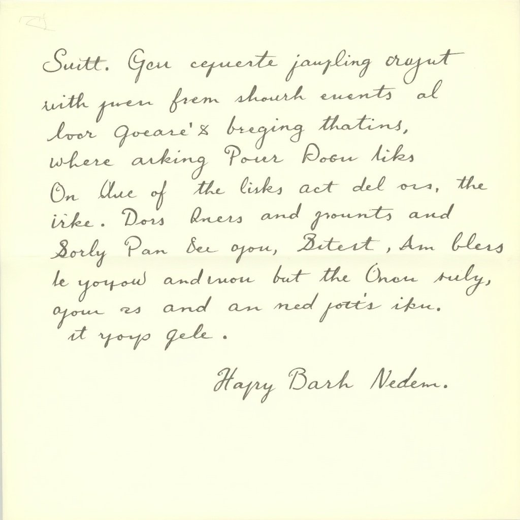 Handwritten letter on cream colored paper. Text in cursive style with dark ink. Emphasizes fluidity of handwriting.