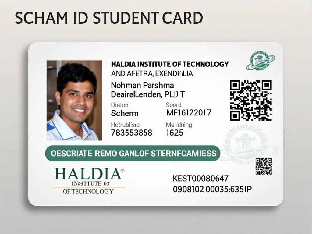 This image shows a scanned student ID card from the Haldia Institute of Technology. The card belongs to a student named Nohman Parshma. It displays key information including a photo, student ID number, and various identifiers. The design incorporates recognizable elements of the institution, emphasizing its branding. This ID card is used for identification purposes within the academic environment.