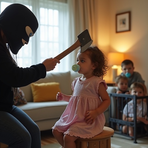 A playful scene with a mother and her kids. A young girl lies her head on a stool while her mother holds a toy axe above pretending to chop. The girl has a pacifier. Two siblings are locked in a cage waiting for their turn also with pacifiers. The mother wears an executioner mask. The atmosphere is fun and lighthearted.