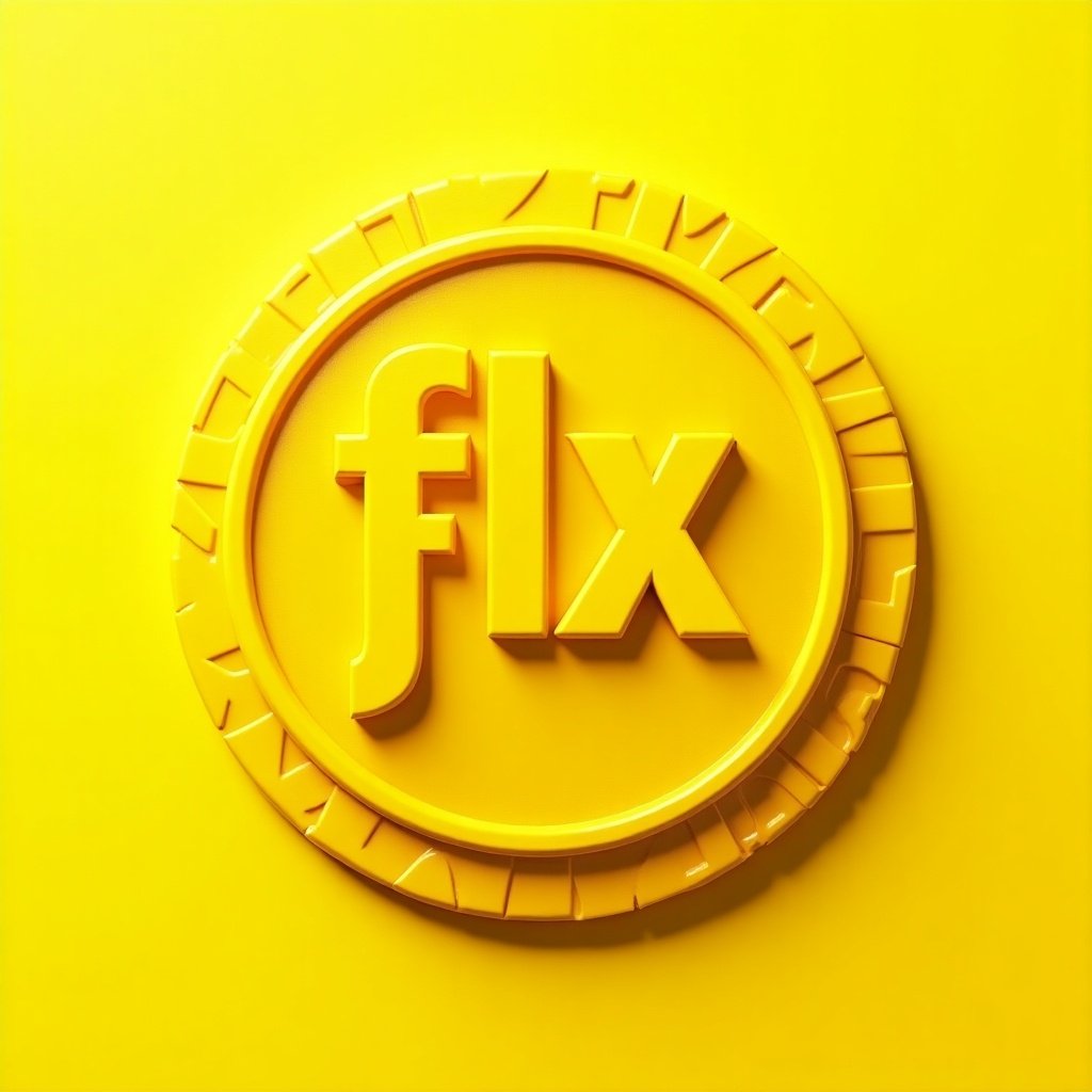 The image depicts a shiny, yellow meme coin with embossed letters 'FLX' in the center. The background is a vibrant shade of yellow, giving the coin a bold and modern look. The letters are three-dimensional, creating an impression of depth. Surrounding the letters, there are stylized patterns that add a decorative touch. This design is ideal for representing a cryptocurrency or digital asset. The overall feel is energetic and appealing to a youthful audience.