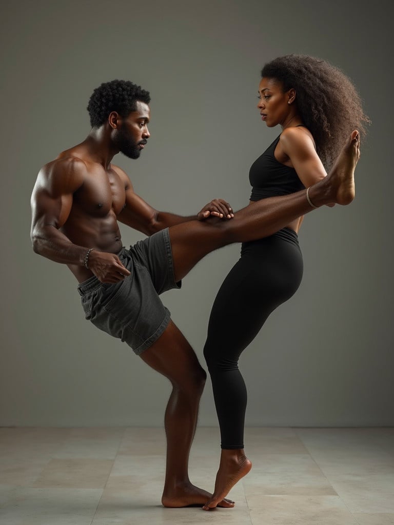 A muscular ebony woman is performing a kick towards a man. The setting is minimalistic with soft lighting. Both individuals display athleticism and strength in their poses.