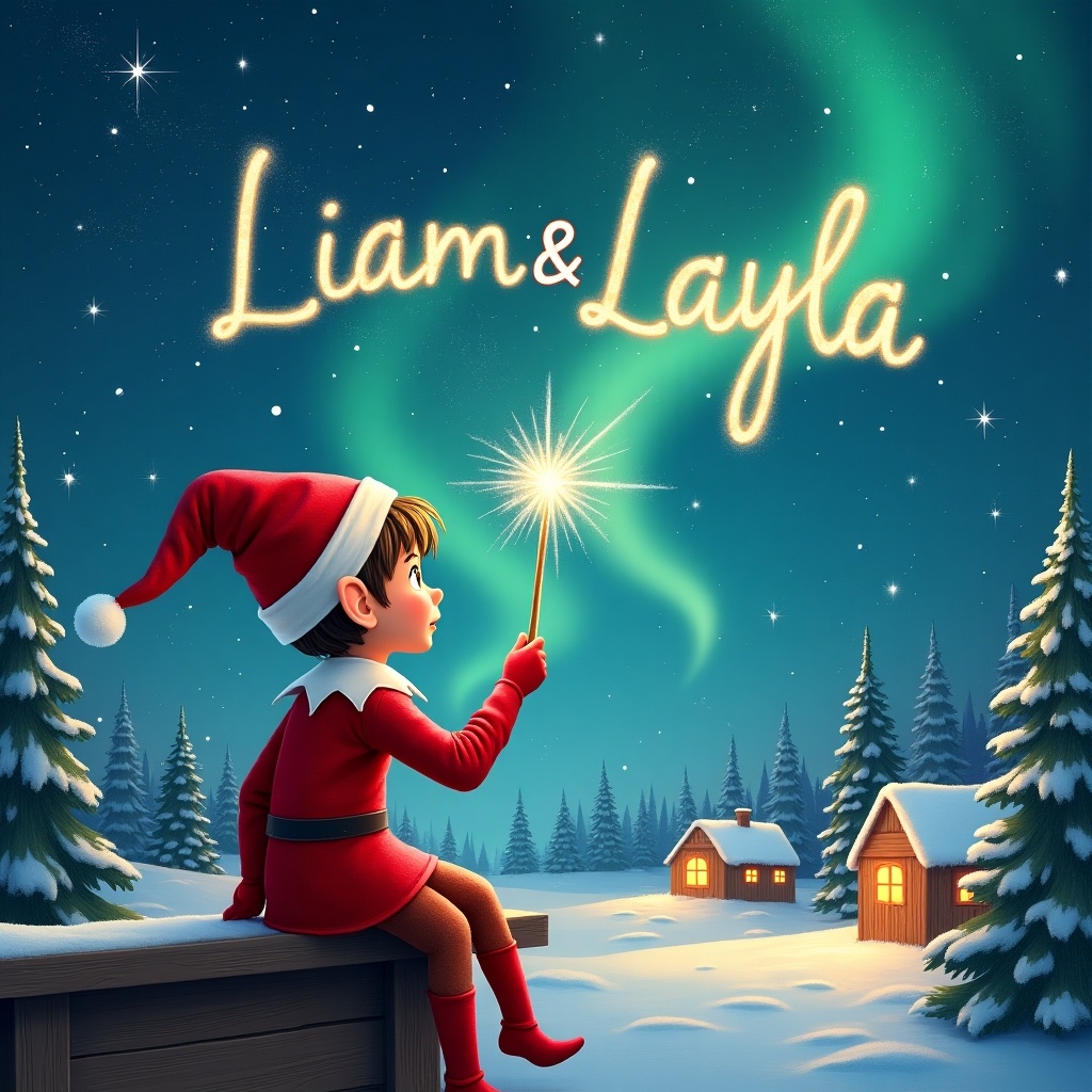 An elf sits on a wooden ledge with its back to the camera, gazing up at a magical sky filled with shimmering Northern Lights. Dressed in a festive red outfit and a pointed hat, the elf holds a sparkling wand. With this wand, the elf elegantly writes the names 'Liam & Layla' in the twinkling starry sky. The scene features a snowy landscape dotted with charming little houses and evergreen trees, enhancing the magical atmosphere. This whimsical depiction captures the essence of childhood magic and Christmas cheer as the elf adds the names in a beautiful, ethereal glow.