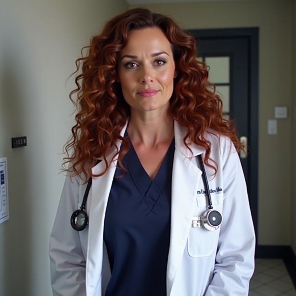 A healthcare professional wearing a lab coat poses with wavy hair. The setting is professional and clean. The person is in a medical environment, suggesting a healthcare role.