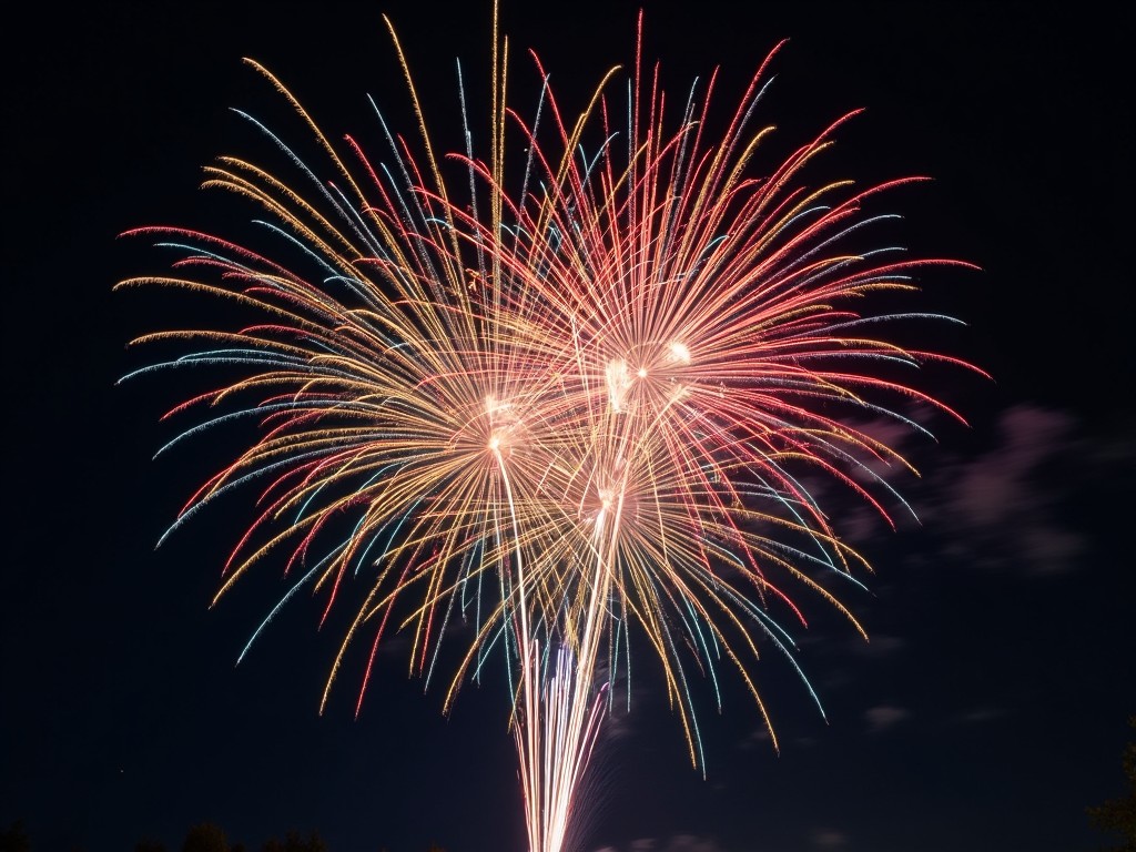 A vibrant, multi-colored firework explodes against a night sky, creating a stunning radial display. The explosion features bright colors like red, blue, yellow, green, and purple that light up the dark backdrop. The arrangement of the fireworks is symmetrical and captures attention. The image evokes feelings of joy and excitement associated with celebrations. Ideal for promoting events or holiday festivities.