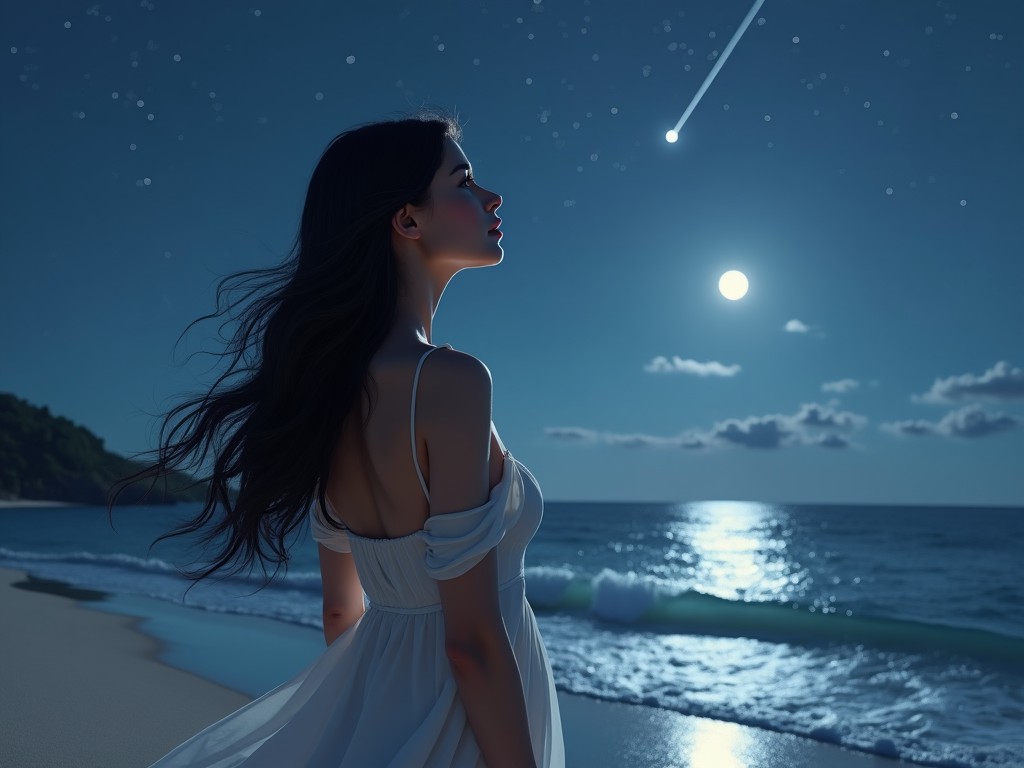 A hyperrealistic 3D painting of a beautiful woman in her late 30s with long black hair and green eyes. She stands on a moonlit beach, wearing a flowing white silk dress. Her face displays realistic details, with fine lines and pores. She gazes upward in wonder as a shooting star streaks across the night sky. The ocean reflects the moonlight, and the scene evokes mystery and anticipation.