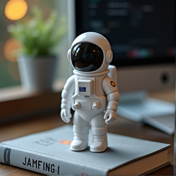 A small astronaut toy figure stands on a book beside a computer in an office setting.