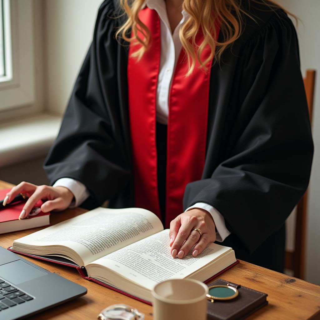 A person in academic attire reading a book at a wooden desk, with a laptop and coffee cup nearby.