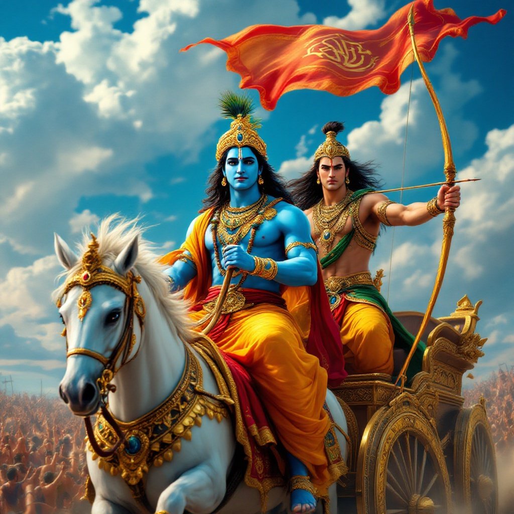 Ultra-HD depiction of Krishna and Arjun on a detailed chariot. Krishna with blue skin holding reins, Arjun aiming with a bow. Chariot adorned with carvings and flags. Background shows a vibrant battlefield under dynamic clouds. Rich colors and lighting highlight the epic moment.