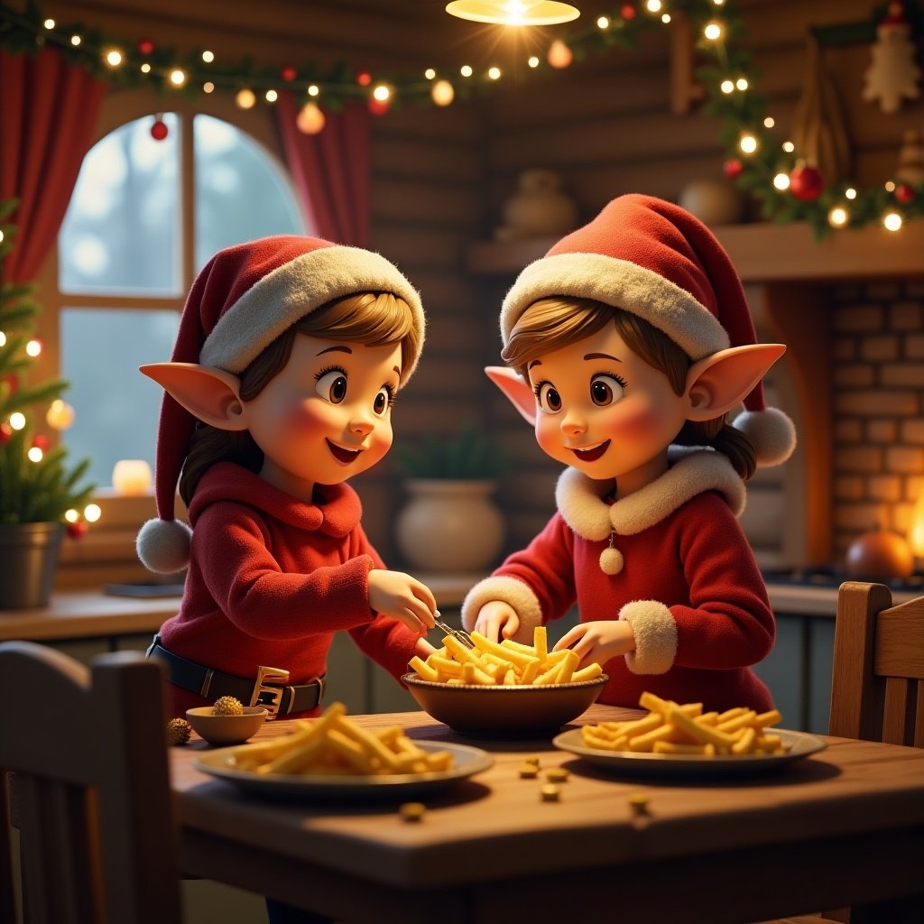 A cute girl elf with pointed ears is with her grandmother cooking french fry in wooden house at Christmas.