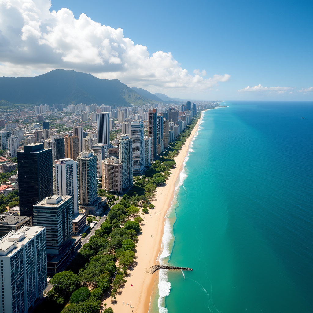 Aerial view of a vibrant city skyline along a sandy beach and turquoise ocean.