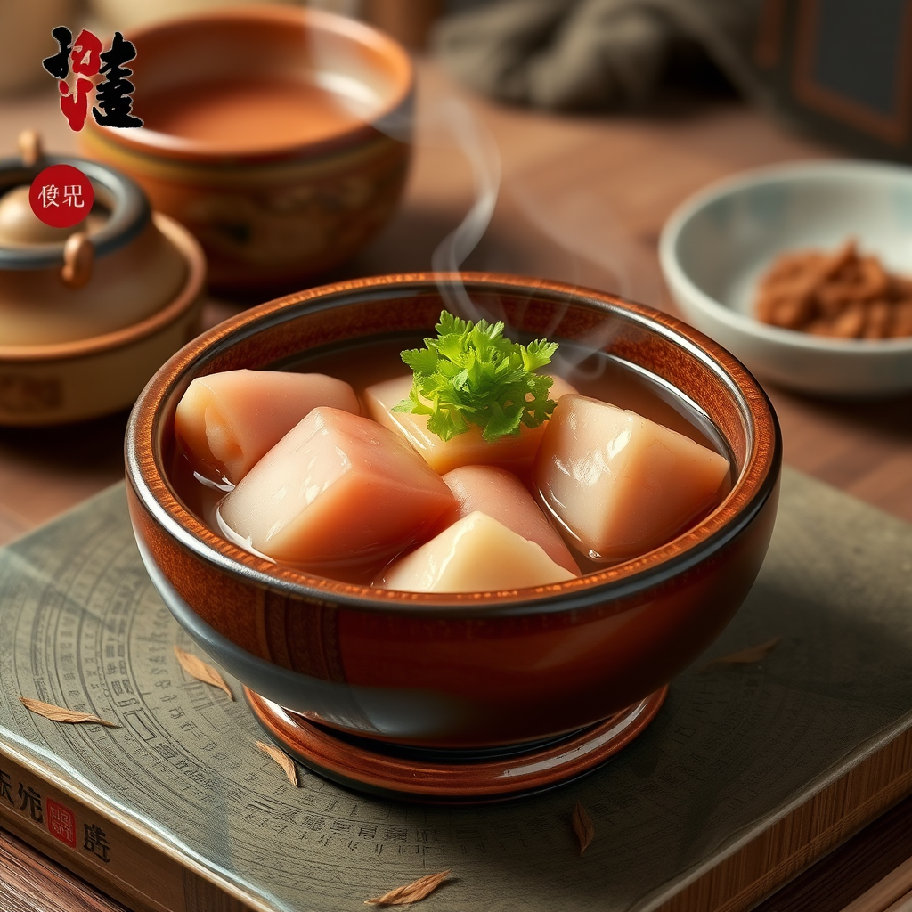 A steaming bowl of soup with chunky ingredients and a garnish of fresh herbs.