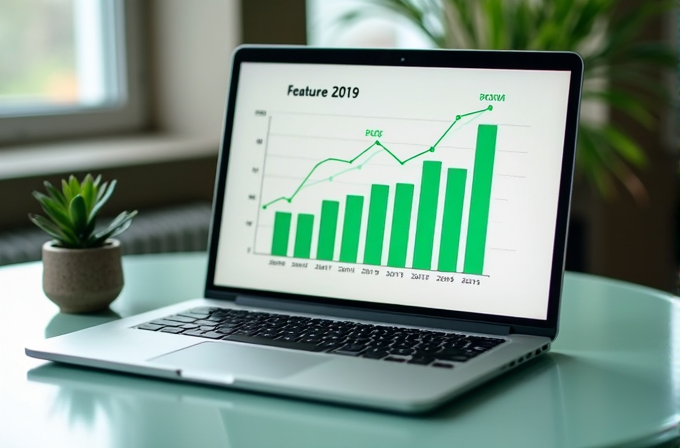 A laptop on a table shows a positive bar and line graph marked 'Feature 2019'.