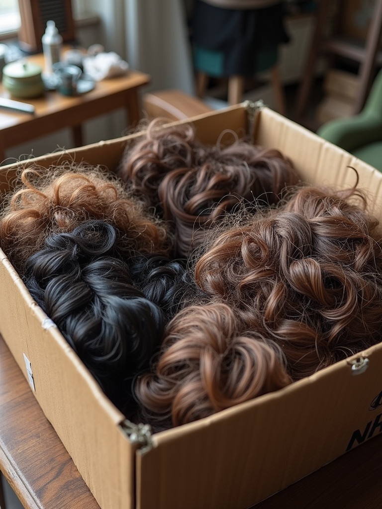 Collection of wigs inside an open box. Wigs tangled and matted. Some wigs frizzy and dull. Wigs vary in color and texture. Curly straight wavy wigs made of synthetic human hair. Strands messy disorganized. A few wigs spilling out of box. Softly lit room with a worktable nearby. Tools like combs scissors hair products in background. Suggests wig repair revival process.