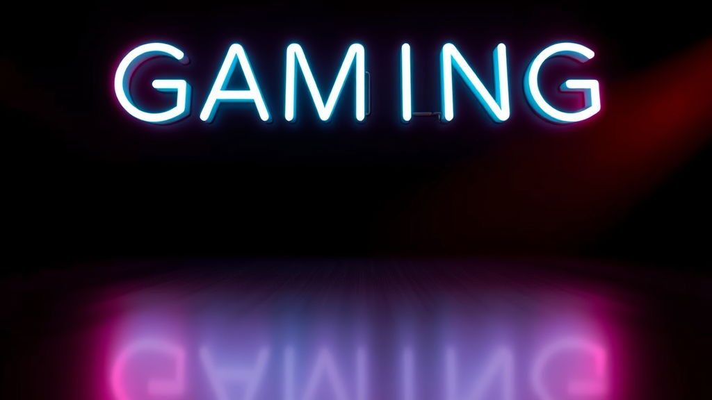 The word "GAMING" is illuminated in bright neon lights with a purple reflection on the floor.