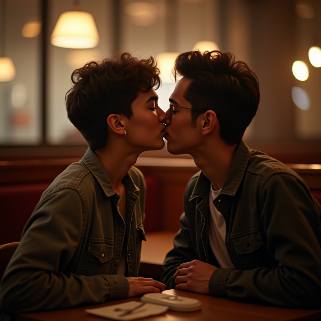 Two individuals share a tender kiss in a cozy café setting.