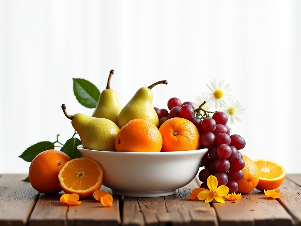 This image depicts a delightful arrangement of fresh fruits in a white bowl placed on a rustic wooden table. The fruits include vibrant oranges, juicy pears, and rich purple grapes, complemented by the addition of delicate flowers. Bright green leaves provide a natural touch. Soft, diffused light illuminates the scene, enhancing the colors and textures of the fruits. The overall composition conveys a sense of abundance and healthiness. It is perfect for use in food-related content or as decor in kitchens. The warm tones invite the viewer to enjoy healthy eating options.