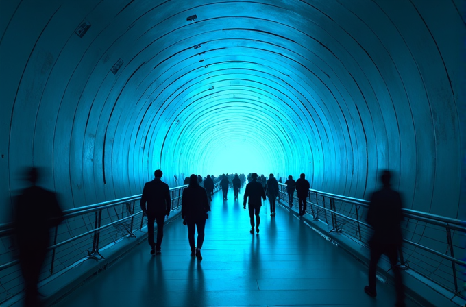 Silhouettes of people walking through a futuristic, blue-lit cylindrical tunnel.