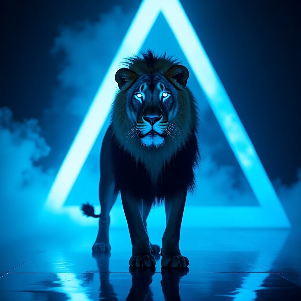 A lion stands confidently on a futuristic stage. Blue lighting highlights its powerful form. The lion has striking blue eyes. A triangular structure with a mystical glow is in the background. Mist and shadows lift the drama. The look is modern and cinematic.