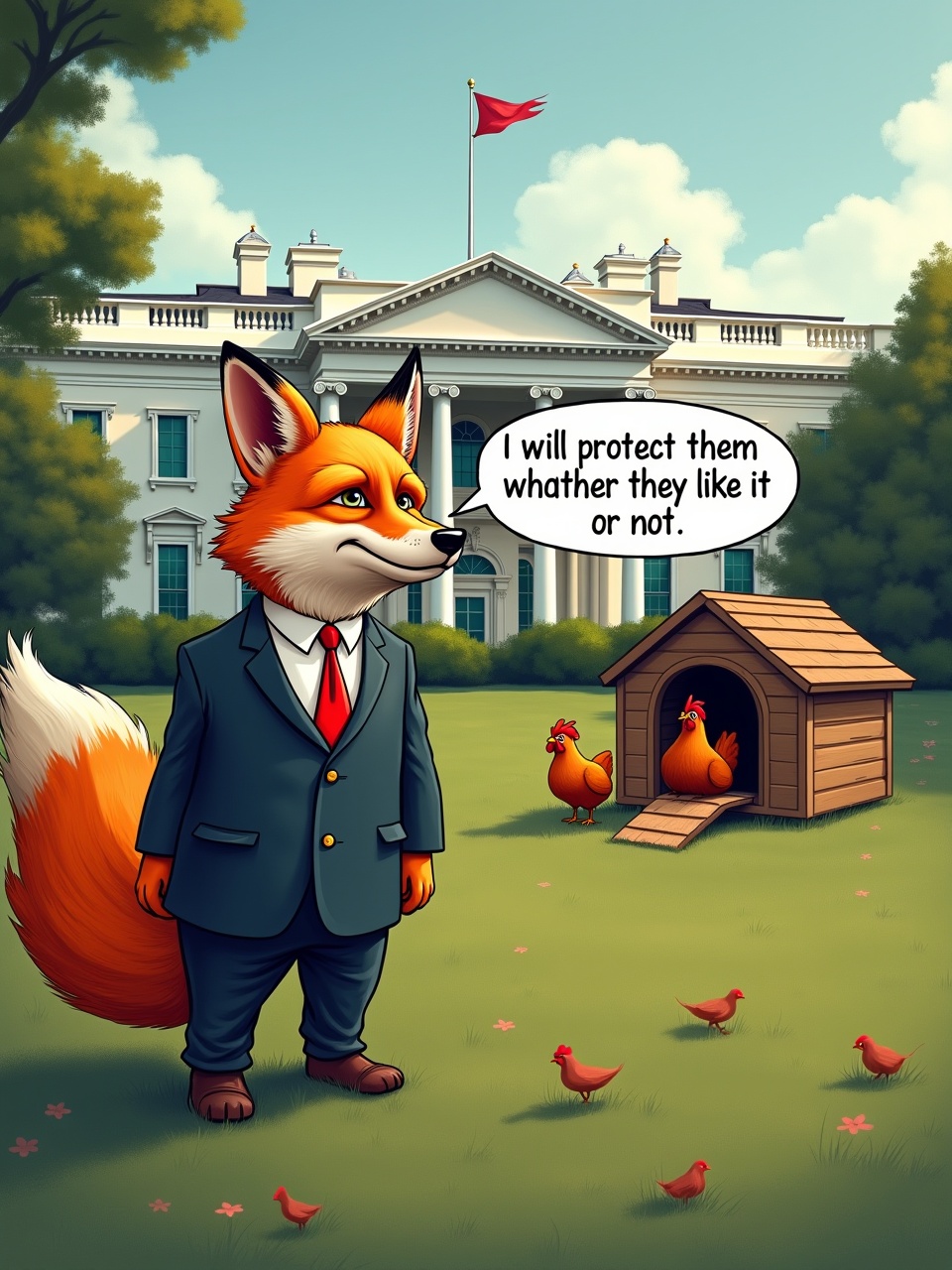 The image is a humorous portrayal of a fox dressed in a business suit, resembling Donald Trump, standing protectively in a green garden in front of the White House. The fox has bright orange fur and a confident expression, indicating its protective nature. Beside the fox is a wooden hen house, with chickens nearby, suggesting a play on the phrase 'guarding the hen house.' The fox quotes, 'I will protect them whether they like it or not,' adding a comedic touch to the scene. This playful imagery mixes politics and anthropomorphism, inviting viewers to reflect on themes of protection and authority.