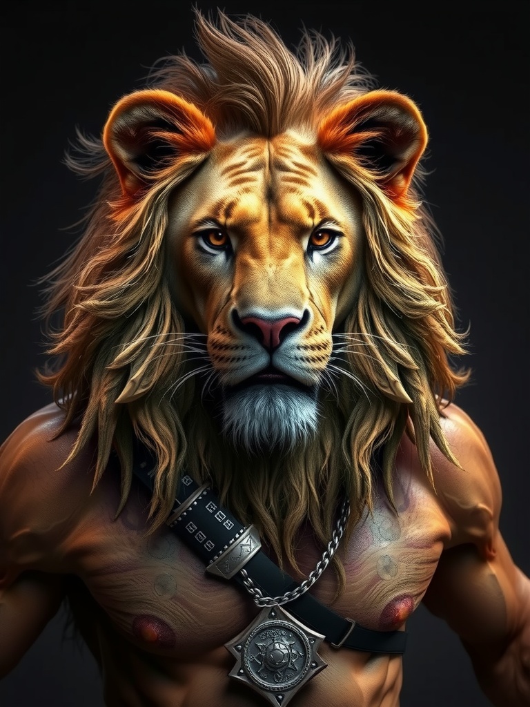 This digital artwork depicts a striking anthropomorphic lion, combining human characteristics with a lion's head and mane. The creature exudes strength and majesty, emphasizing a muscular chest adorned with a chain and an ornate medallion. The lion's fierce gaze is highlighted by its expressive eyes and meticulously detailed fur, set against a dark background that enhances the vivid colors of its mane.