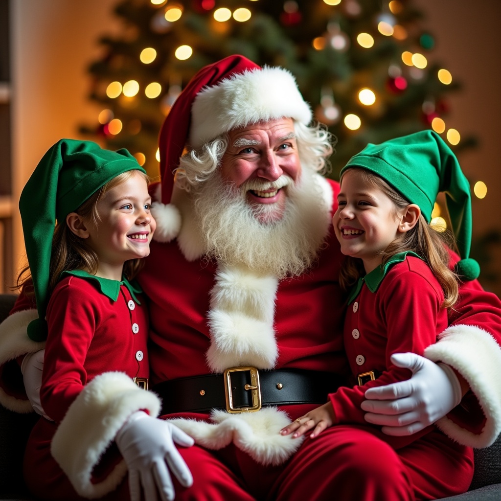 Santa Claus sitting in a cozy room with children dressed as elves. They are smiling and enjoying Christmas together. The background has a decorated Christmas tree with lights. The lighting is warm and festive.