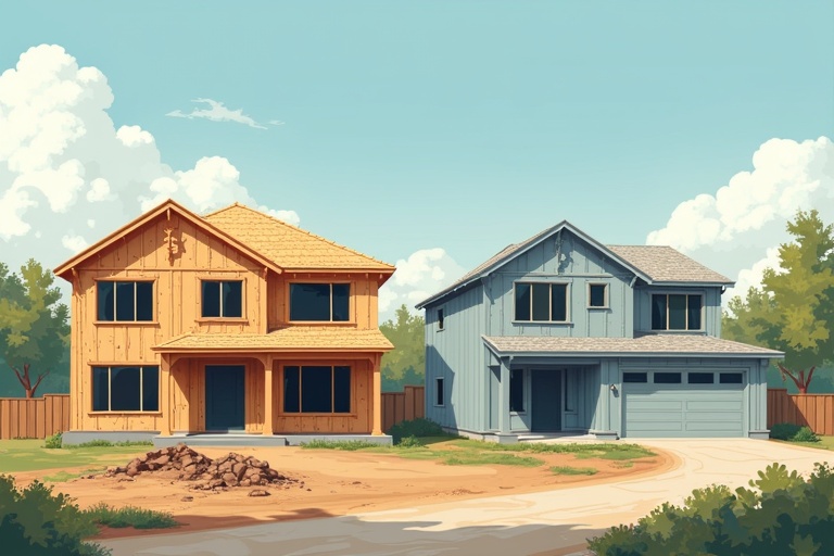 A clear depiction of two homes side by side. One home is wooden and unfinished. The other home is blue with a garage. They are set in a natural environment with trees and dirt.